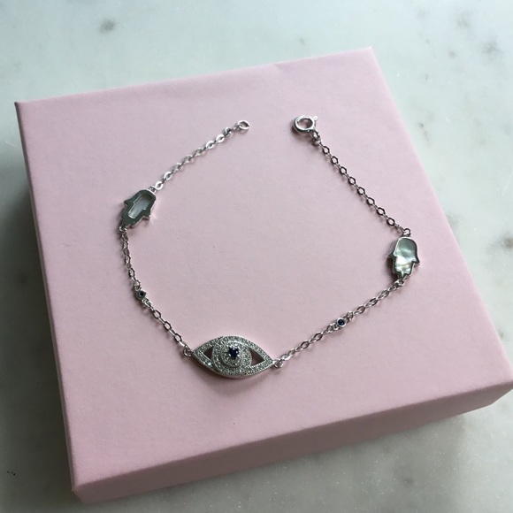 Sterling Silver CZ Evil Eye & MOP Hamsa Bracelet - Picture 2 of 13